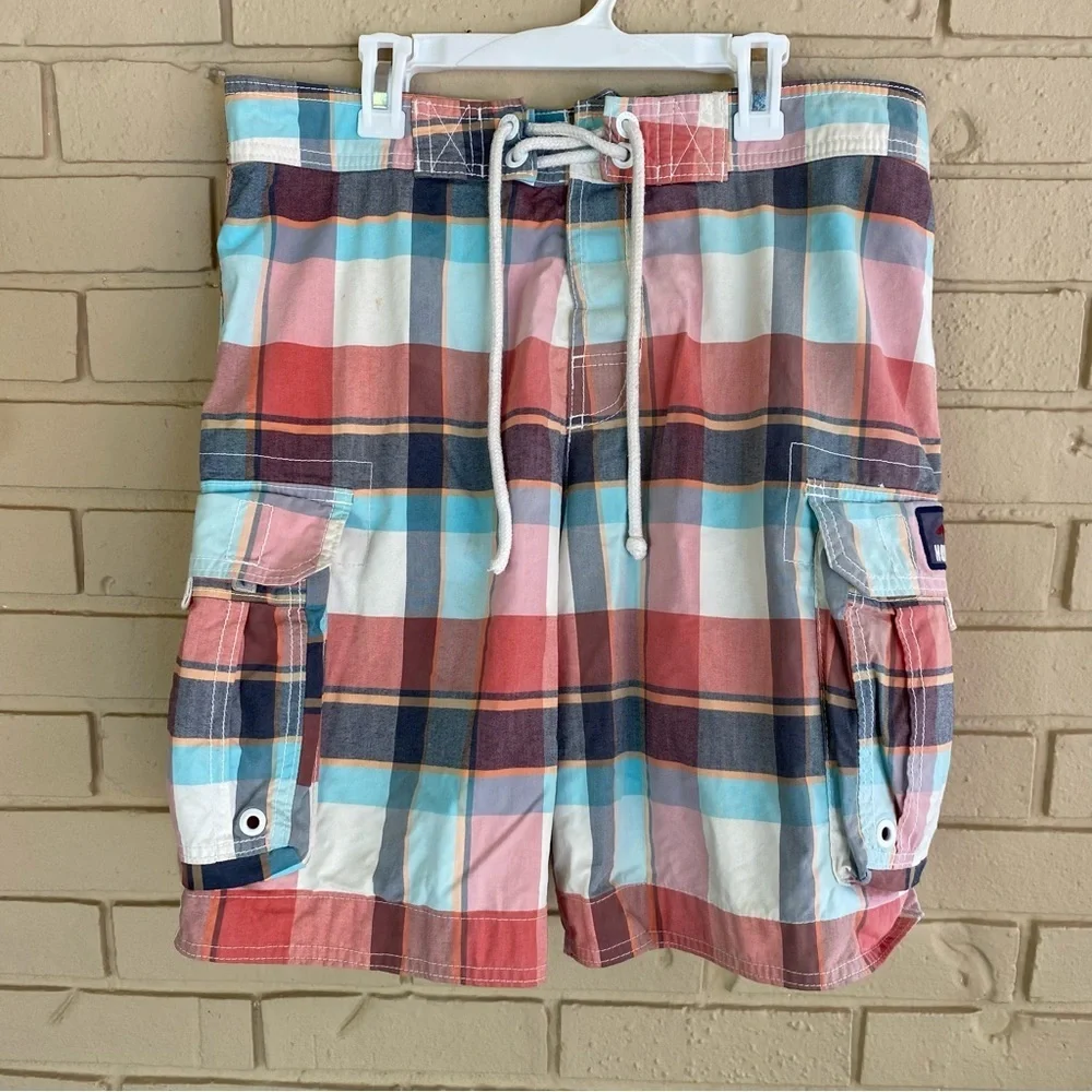 Hollister Plaid Cargo Board Shorts Swim Trunks Men's Y2K Preppy Classic Size M